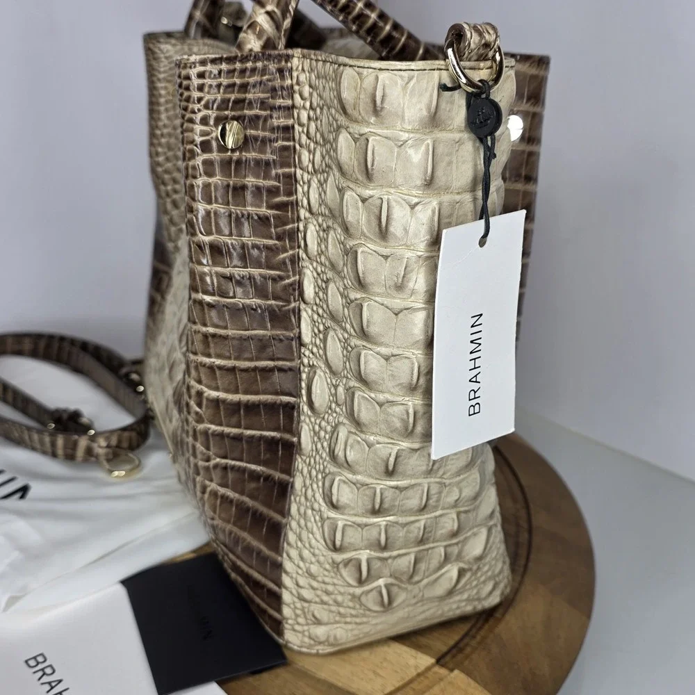 Brahmin Small Mallory Blossom Melbourne Latte Satchel Handbag Beige Ecru Taupe
